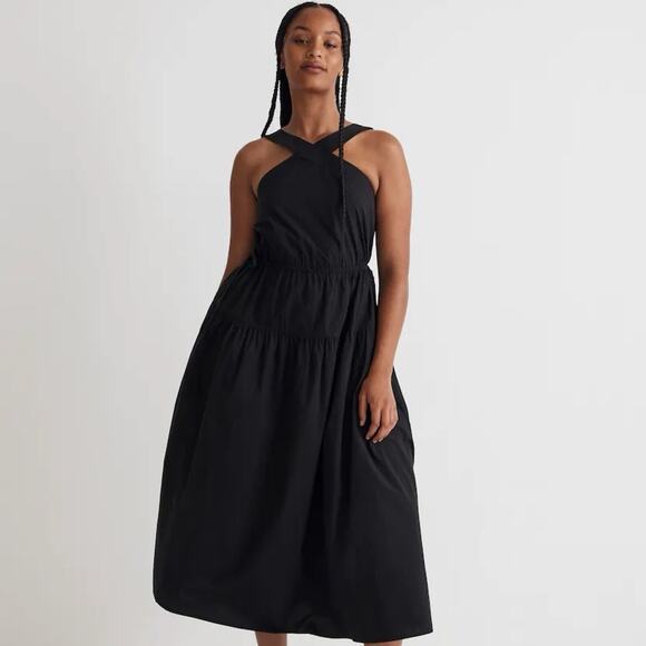 Madewell Dresses & Skirts - Madewell | Black Poplin Halter Tiered Midi Dress 12